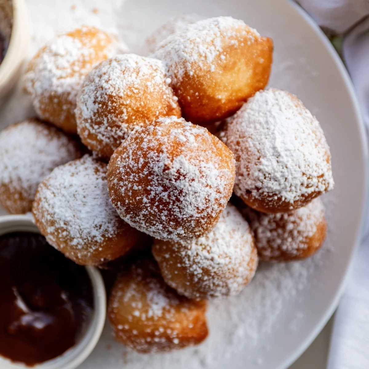 A close-up of pillowy Vanilla French Beignets with a sweet vanilla aroma and powdered sugar coating.