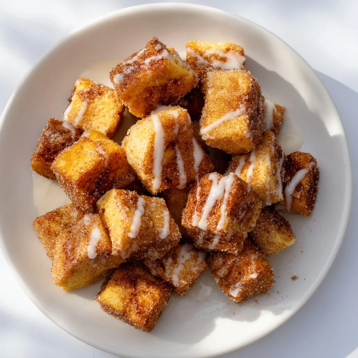 Golden brown Cinnamon Roll French Toast Bites drizzled with sweet vanilla glaze on a white plate.