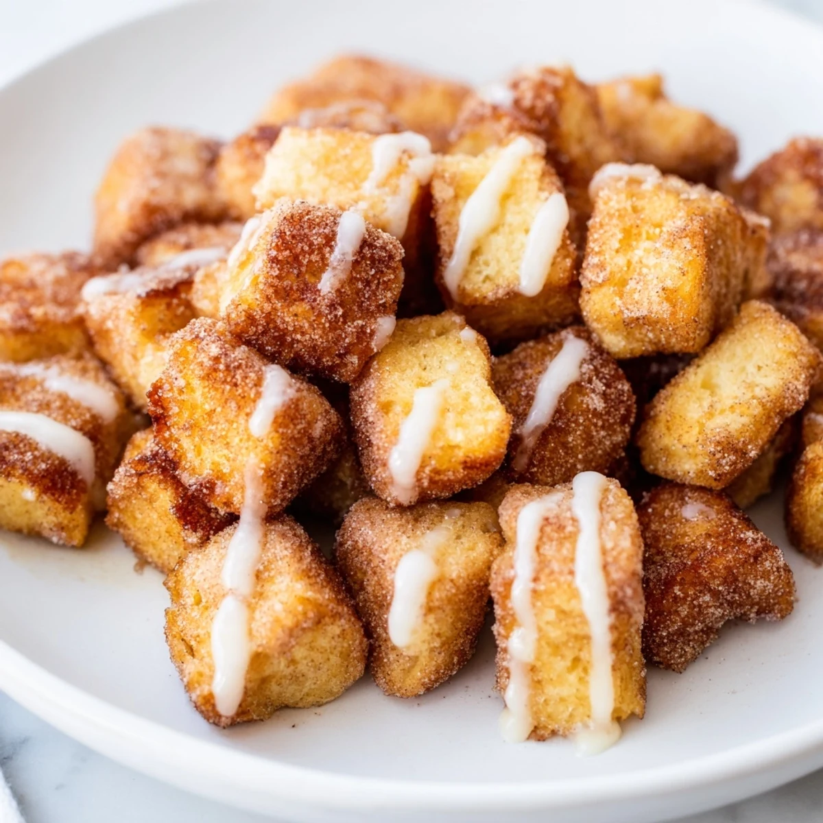 Warm, bite-sized pieces of Cinnamon Roll French Toast Bites glistening with maple syrup.