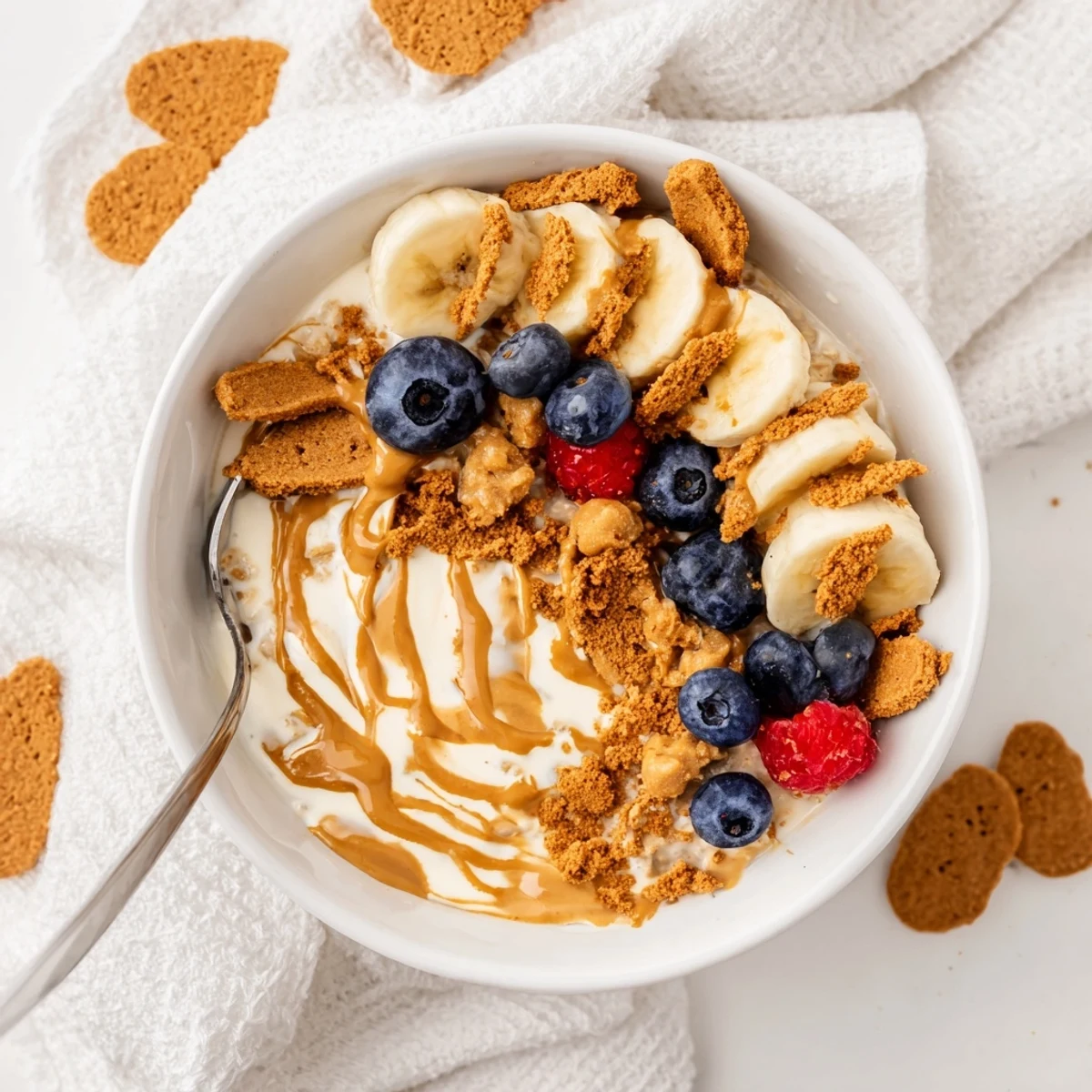 Quick Biscoff Overnight Oats served with sliced bananas and a spoon, ready for an easy breakfast.