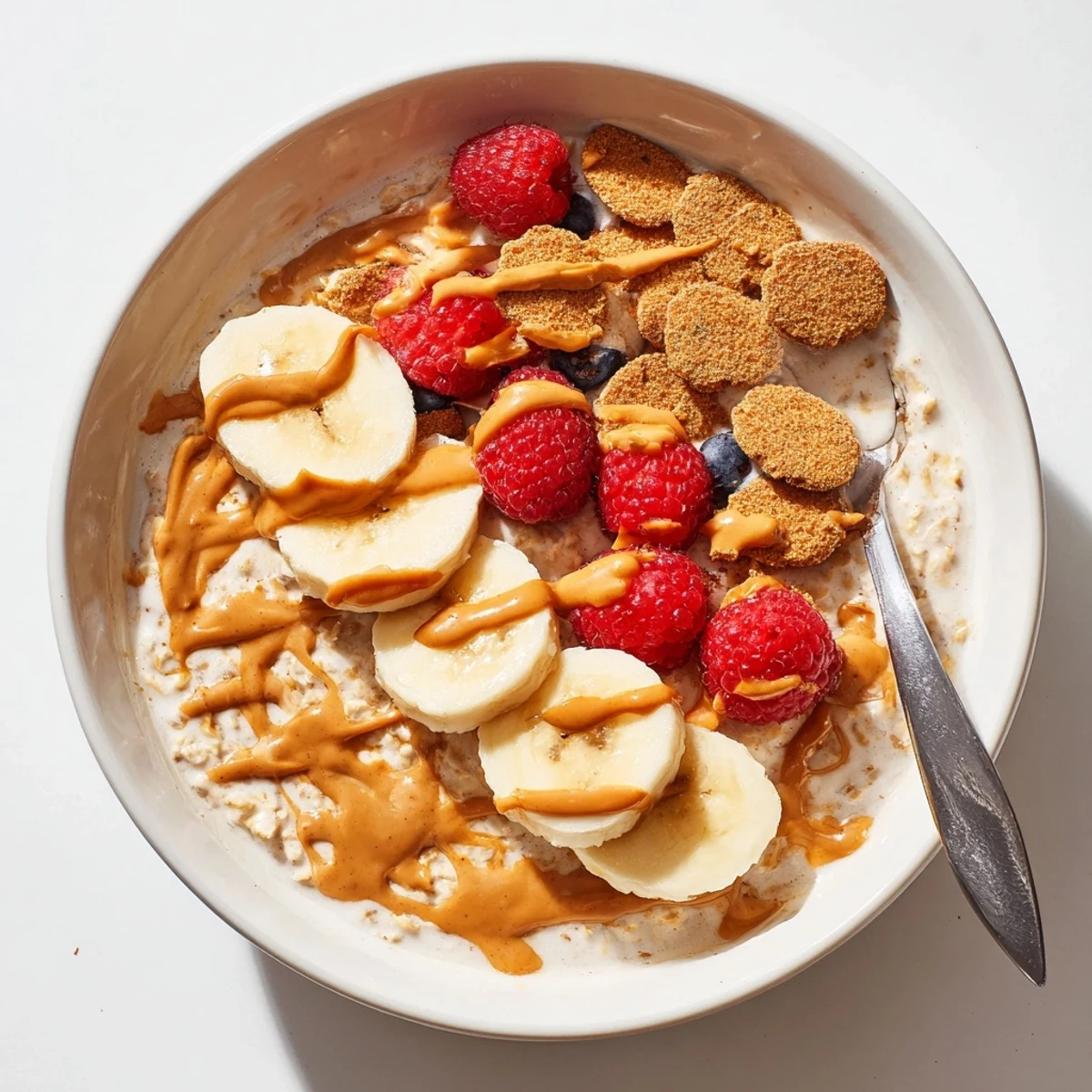 Morning serving of Quick Biscoff Overnight Oats with a drizzle of melted Biscoff spread and oatmeal texture.