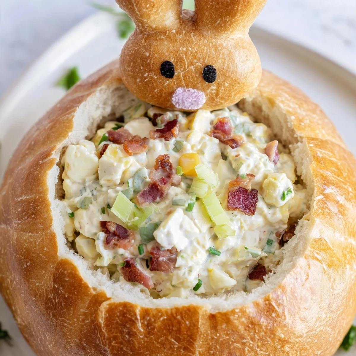 A festive Easter Bunny Cob with Egg Salad sits on a spring table, with creamy egg salad peeking from the hollowed bread.  