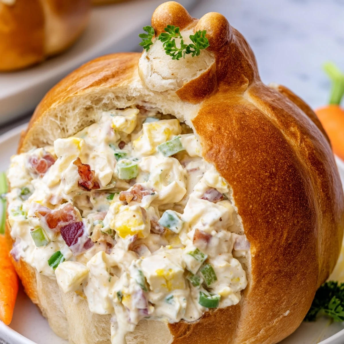Ready to serve, the Easter Bunny Cob with Egg Salad holds a savory egg salad filling, paired with celery and chives.