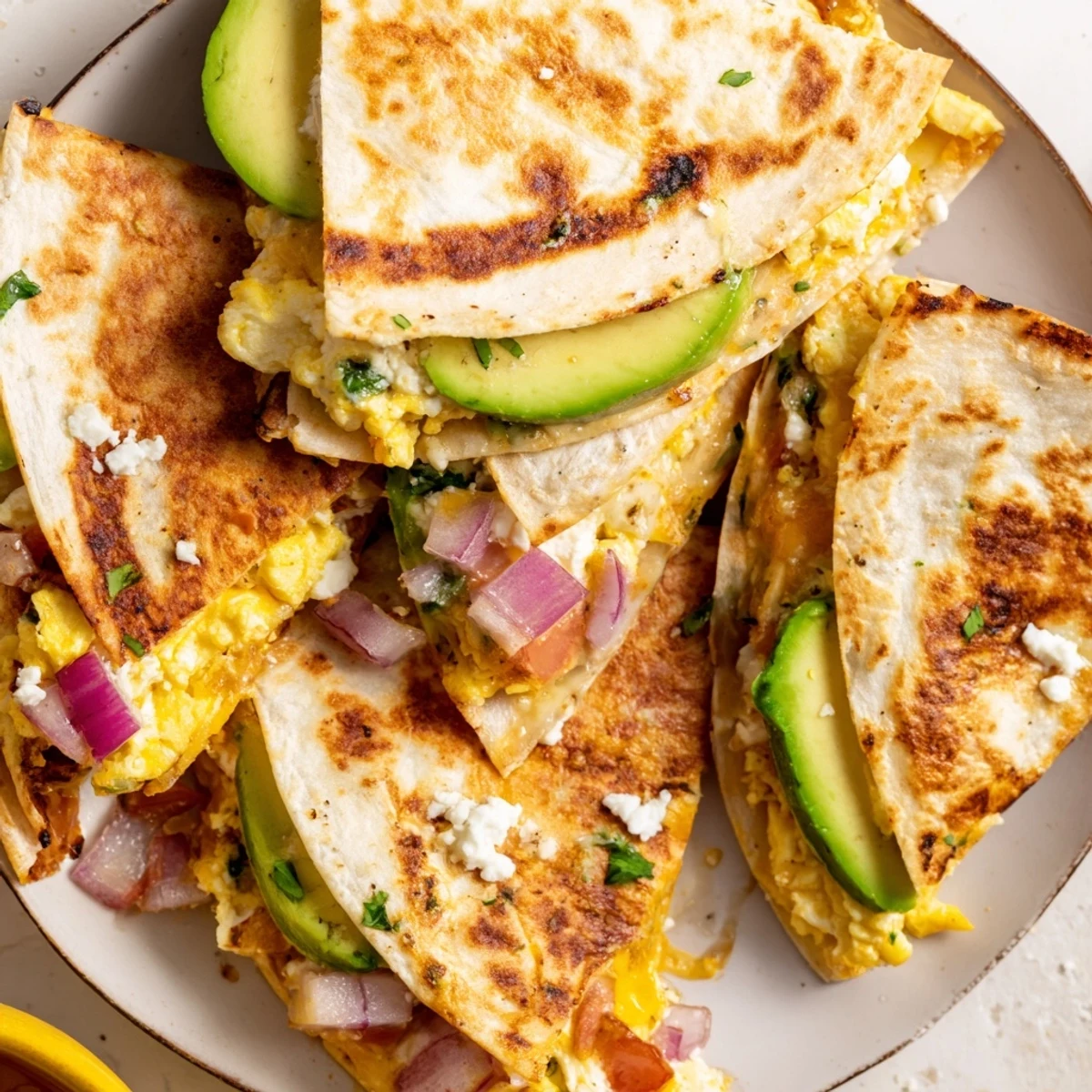 Golden-brown, crispy flour tortillas filled with fluffy scrambled eggs, creamy avocado slices, and a melty trio of cheddar, Monterey Jack, and feta cheeses.