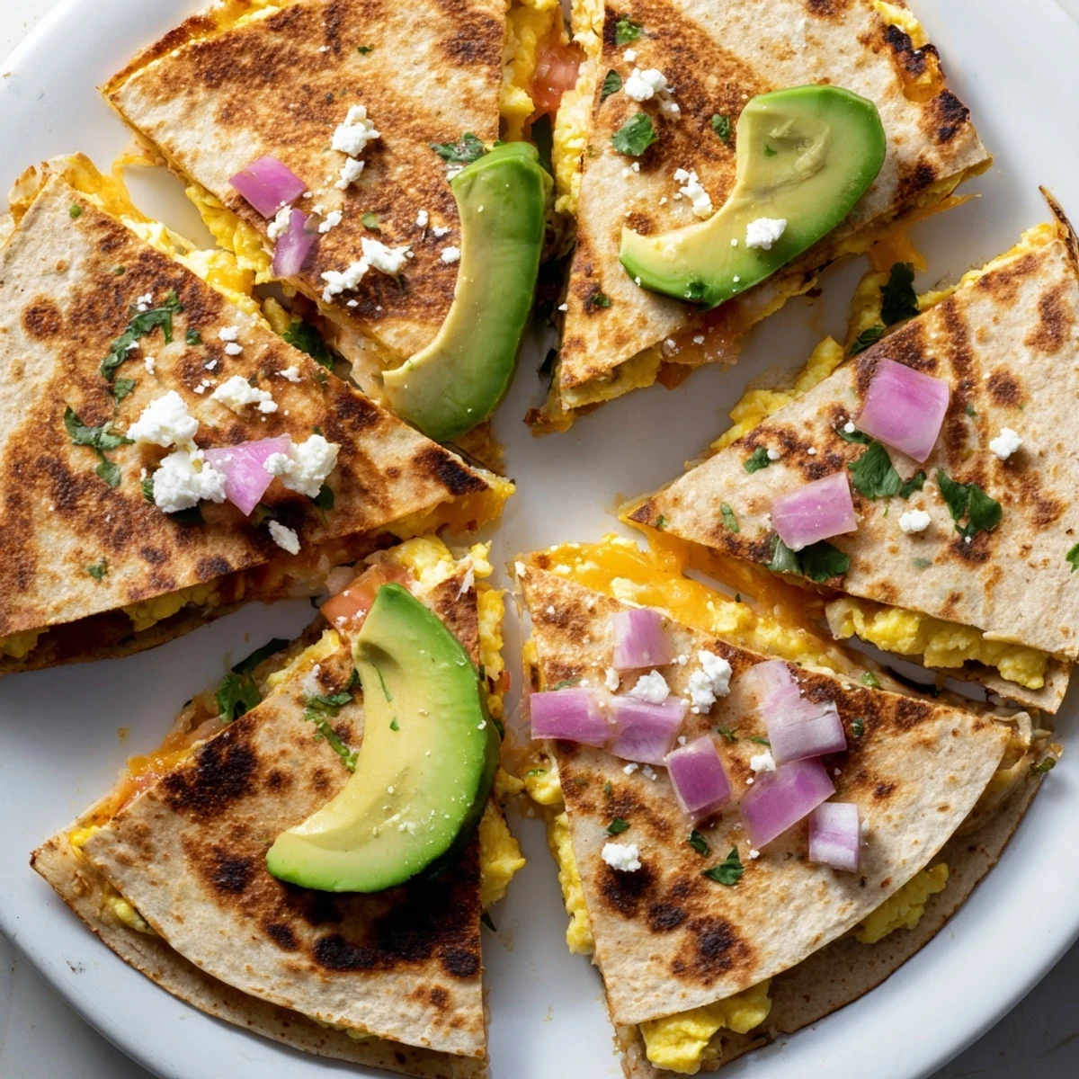 Spicy Avocado Egg and Three Cheese Quesadillas are served warm, garnished with fresh cilantro and a side of zesty salsa for dipping.