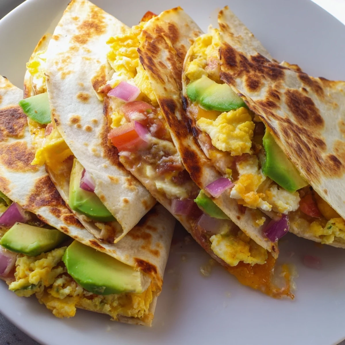 A close-up view shows the melted cheese pulling away from a wedge of Spicy Avocado Egg and Three Cheese Quesadillas, highlighting the vibrant ingredients.