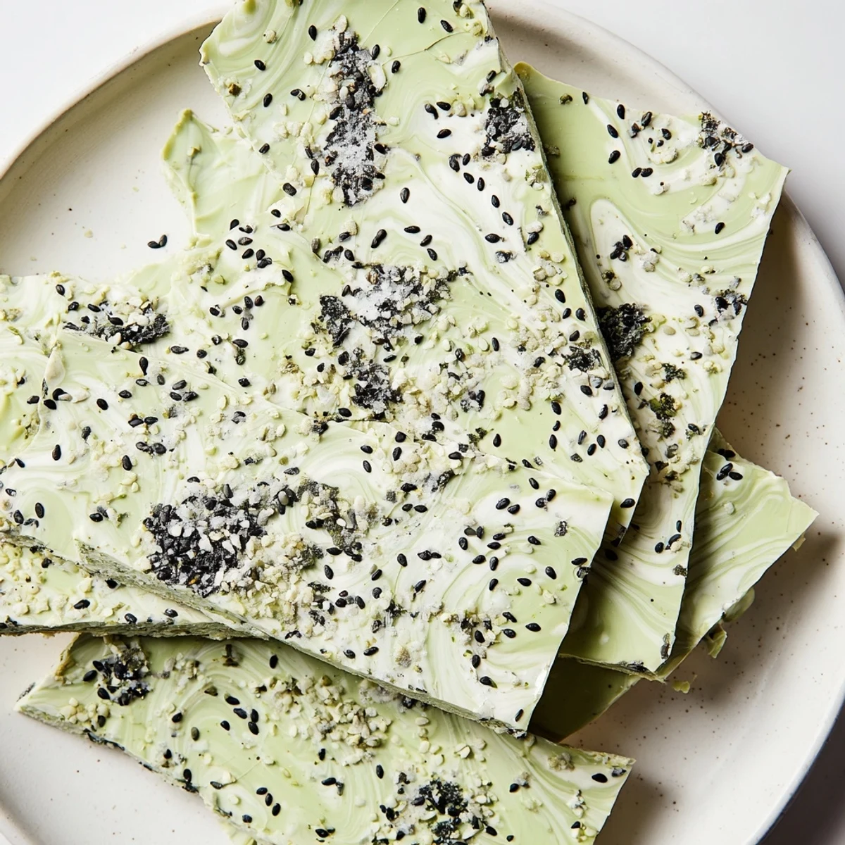 Vibrant green matcha and toasted black sesame seeds are swirled into creamy white chocolate for a striking Black Sesame Matcha Bark.