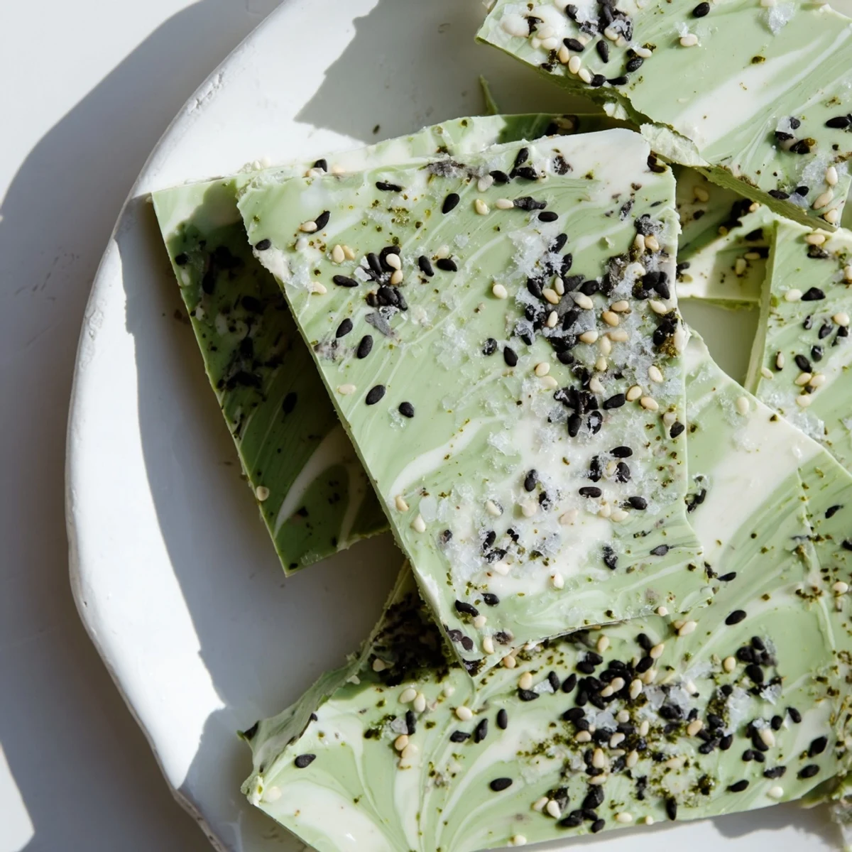A close look at the easy Black Sesame Matcha Bark recipe reveals its glossy surface with optional white sesame and sea salt.