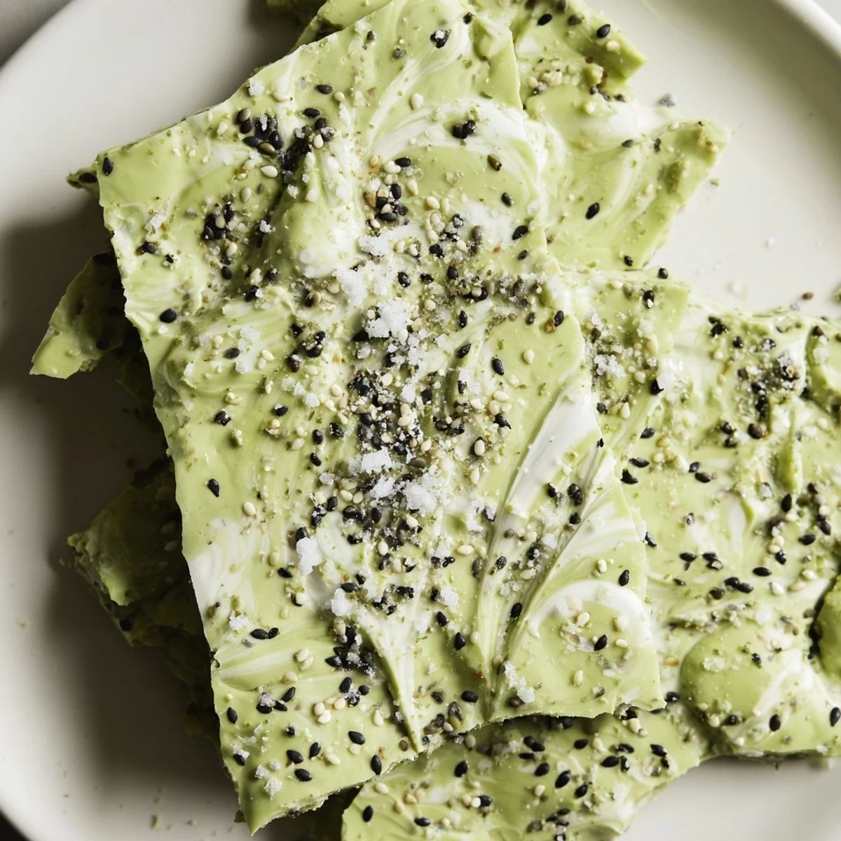 Perfectly set bark pieces showcase marbled matcha chocolate topped with crunchy black sesame seeds, ready for gifting or snacking.