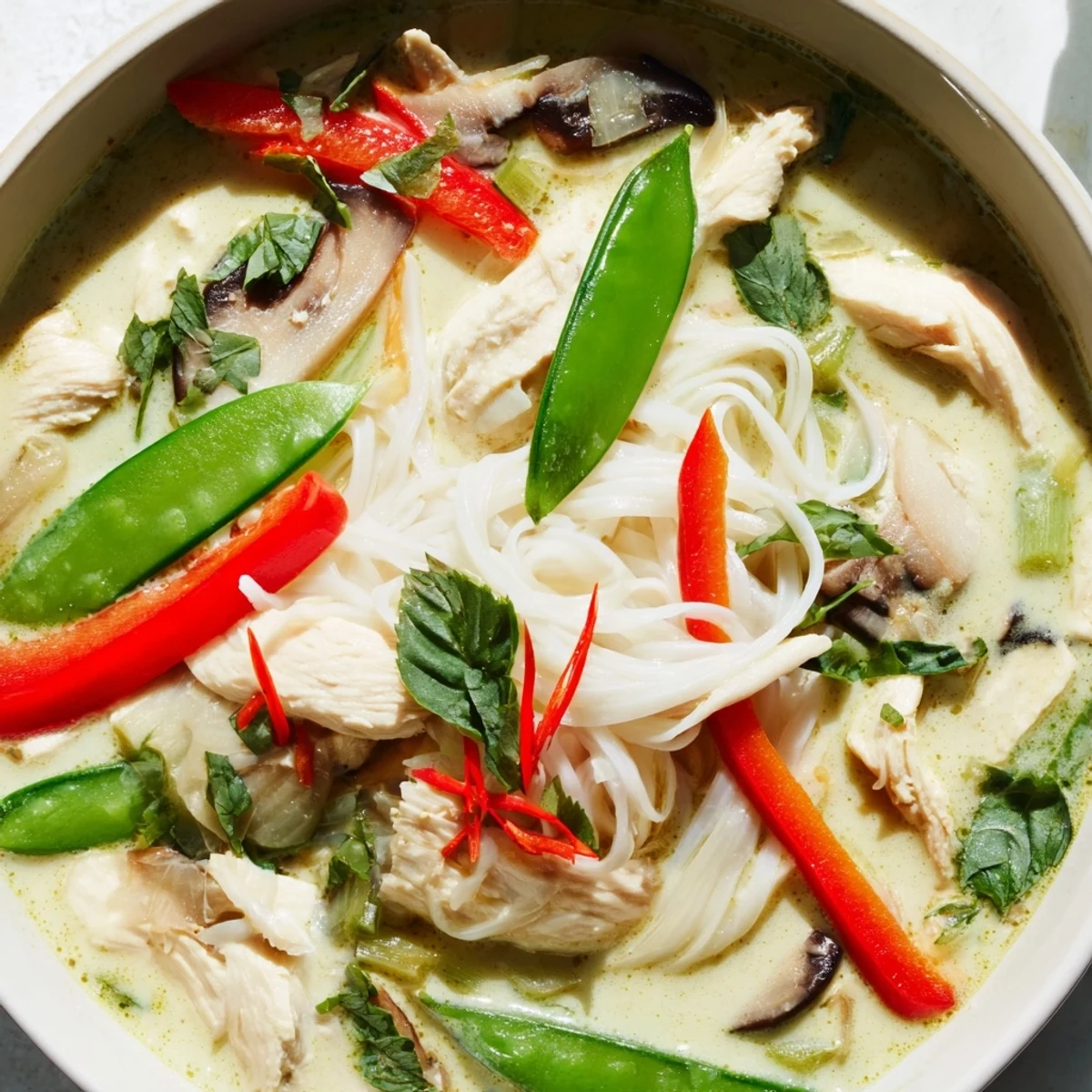 A close-up of Thai Green Curry Chicken Noodle Soup in a white bowl with fresh garnishes.