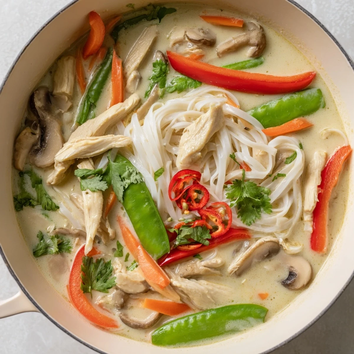 Thai Green Curry Chicken Noodle Soup served with chopsticks, vibrant vegetables, and herbs on a wooden table.