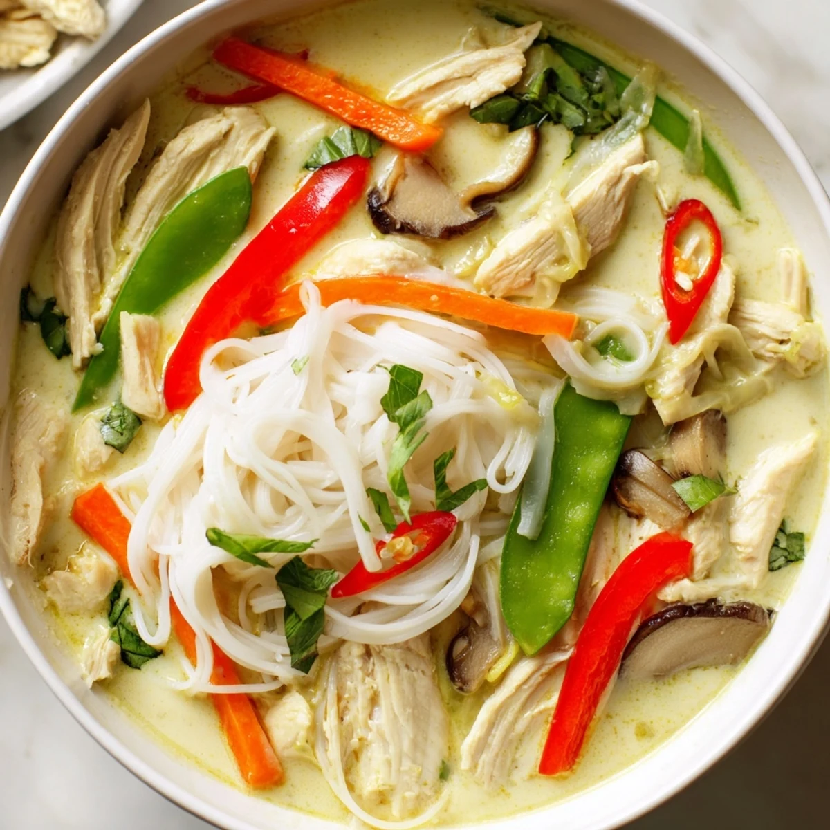 Thai Green Curry Chicken Noodle Soup steaming in a rustic bowl, ready to enjoy with lime wedges.
