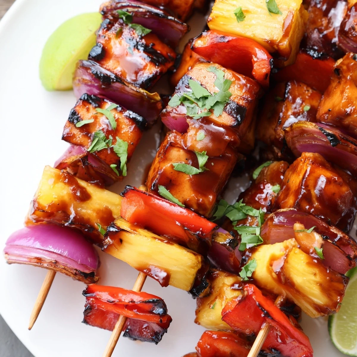 Freshly served Chicken and Pineapple BBQ Skewers with lime wedges and cilantro garnish on a rustic board.