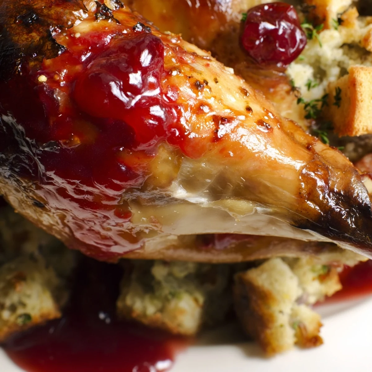 Golden-brown Cherry Roast Chicken with Sage Stuffing rests on a platter, dripping with a glossy deep-red cherry sauce.