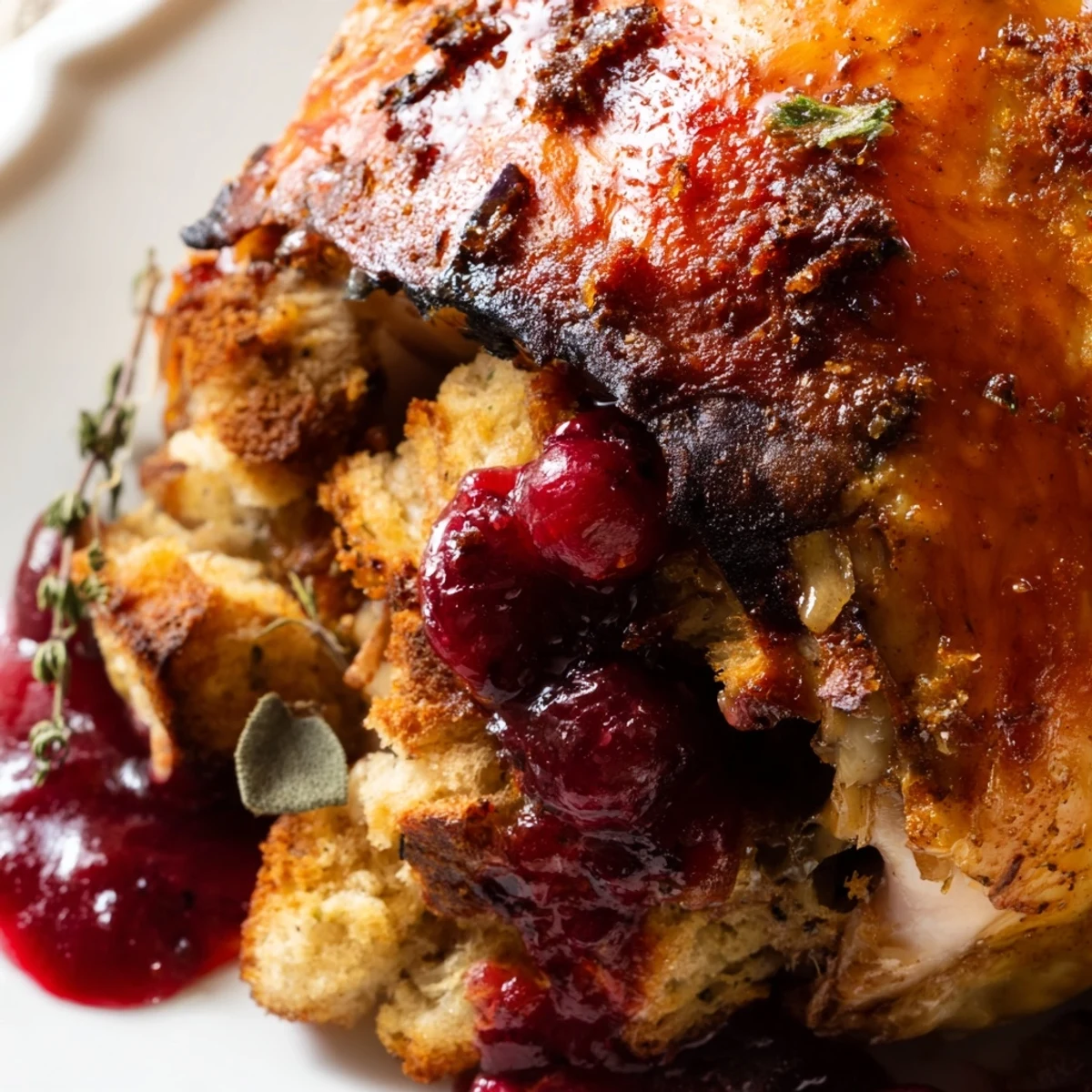 A rustic family-style platter showcases carved slices of Cherry Roast Chicken with Sage Stuffing, accompanied by a drizzle of vibrant cherry sauce.