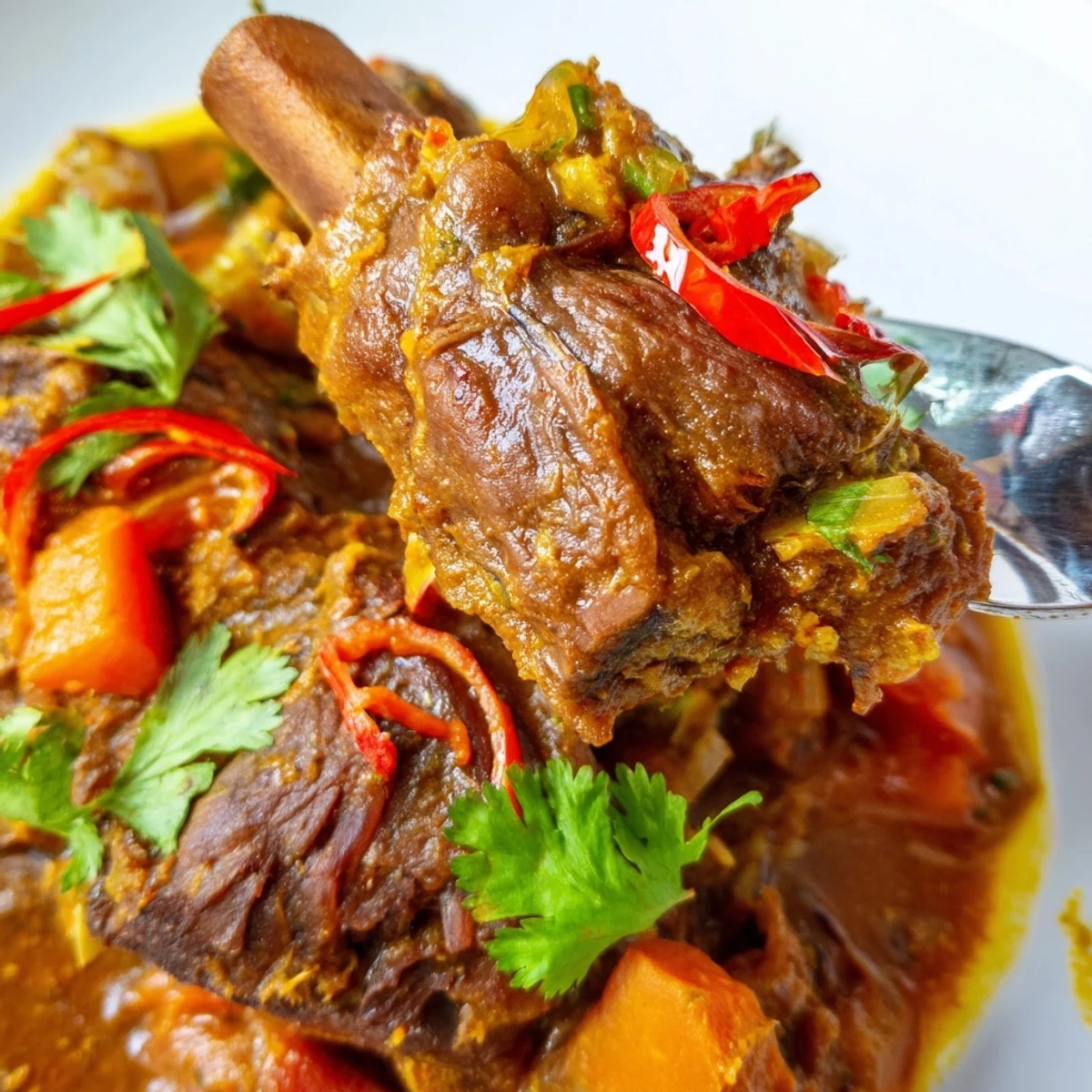 A close view of simmered Cambodian Rib Ragu in a rustic pot, highlighting rich coconut milk sauce and colorful vegetables.