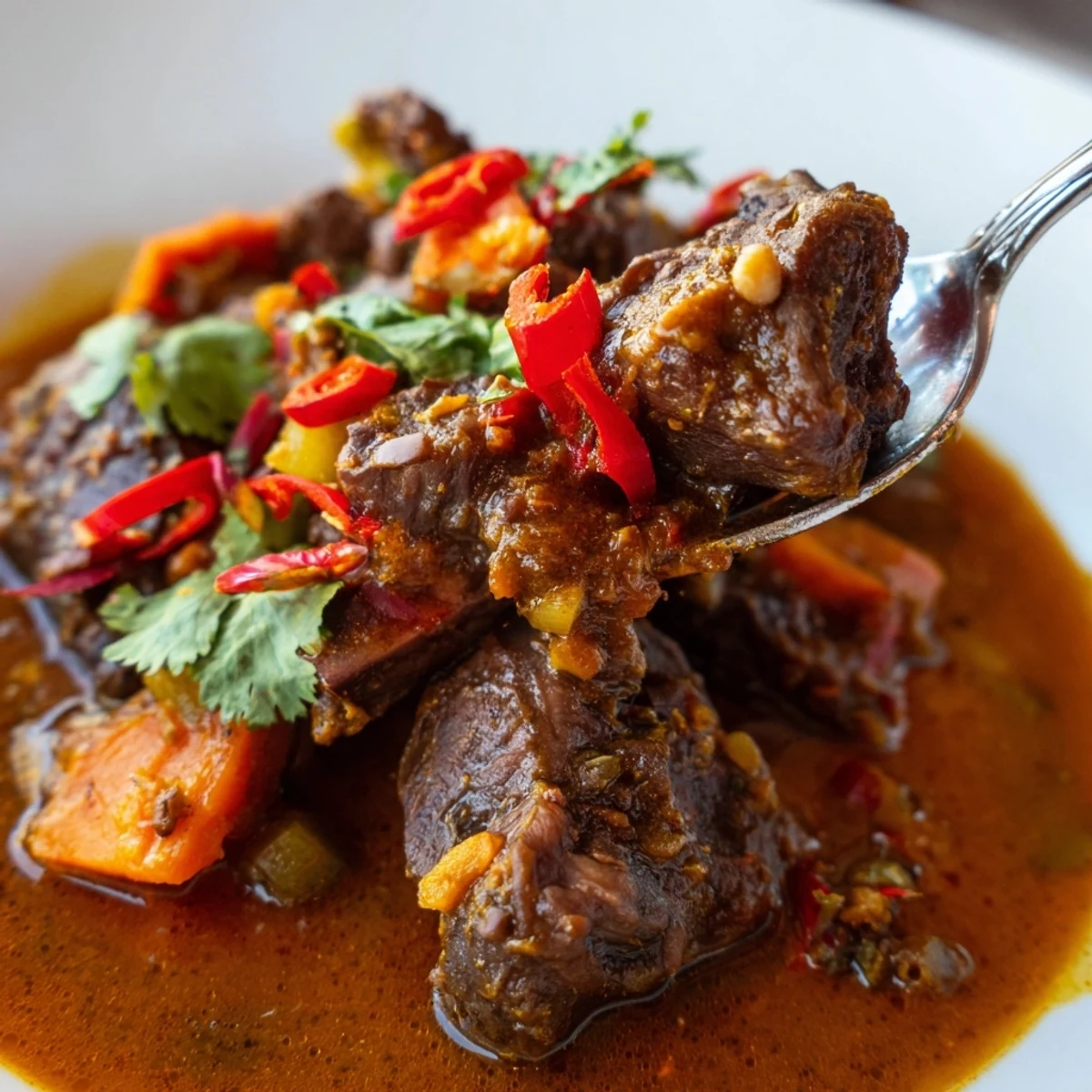 Tender beef ribs in a fragrant Cambodian Rib Ragu stew, garnished with fresh cilantro, served alongside fluffy jasmine rice.