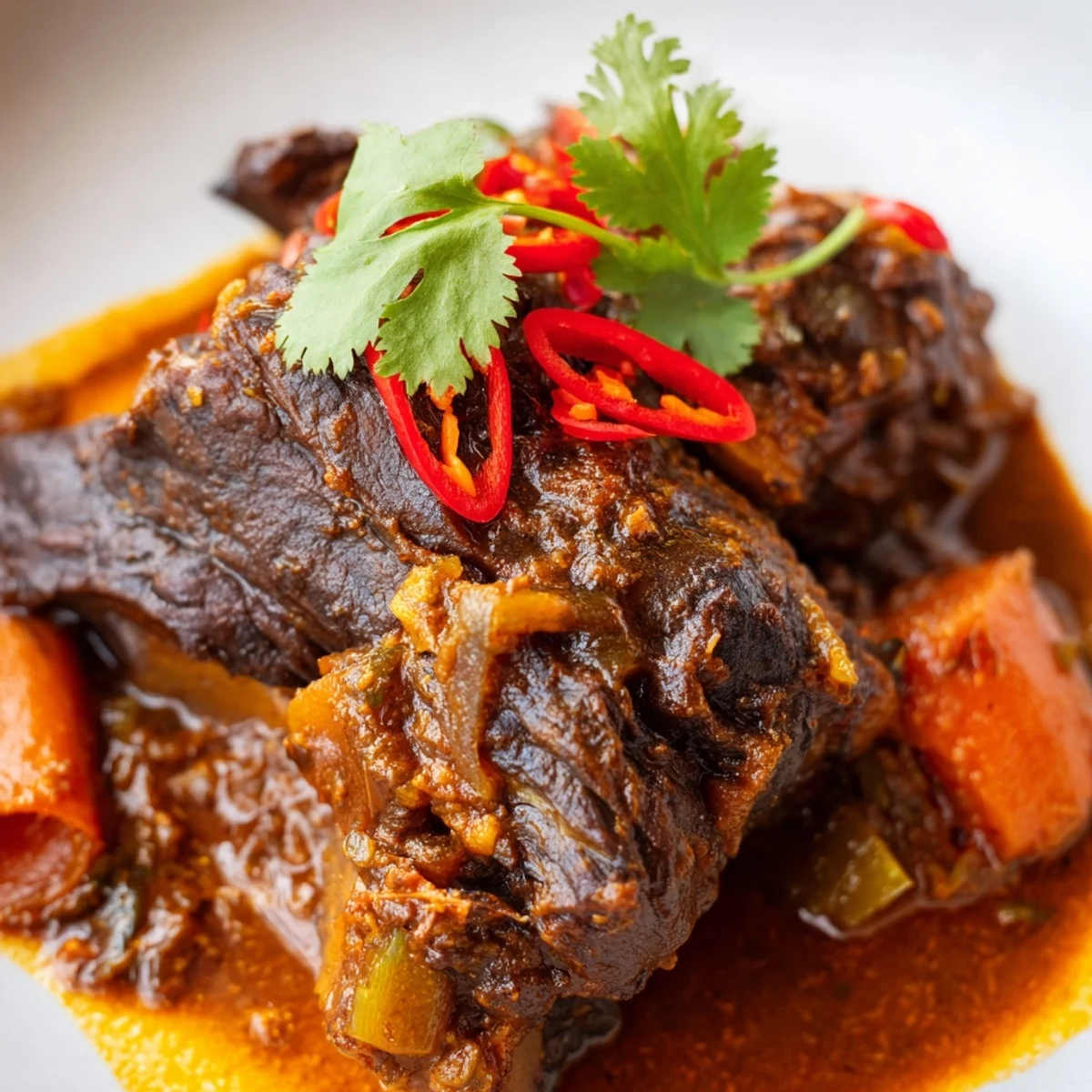 Savory Cambodian Rib Ragu plated with steamed rice, fresh herbs, and a side of crusty bread for dipping.