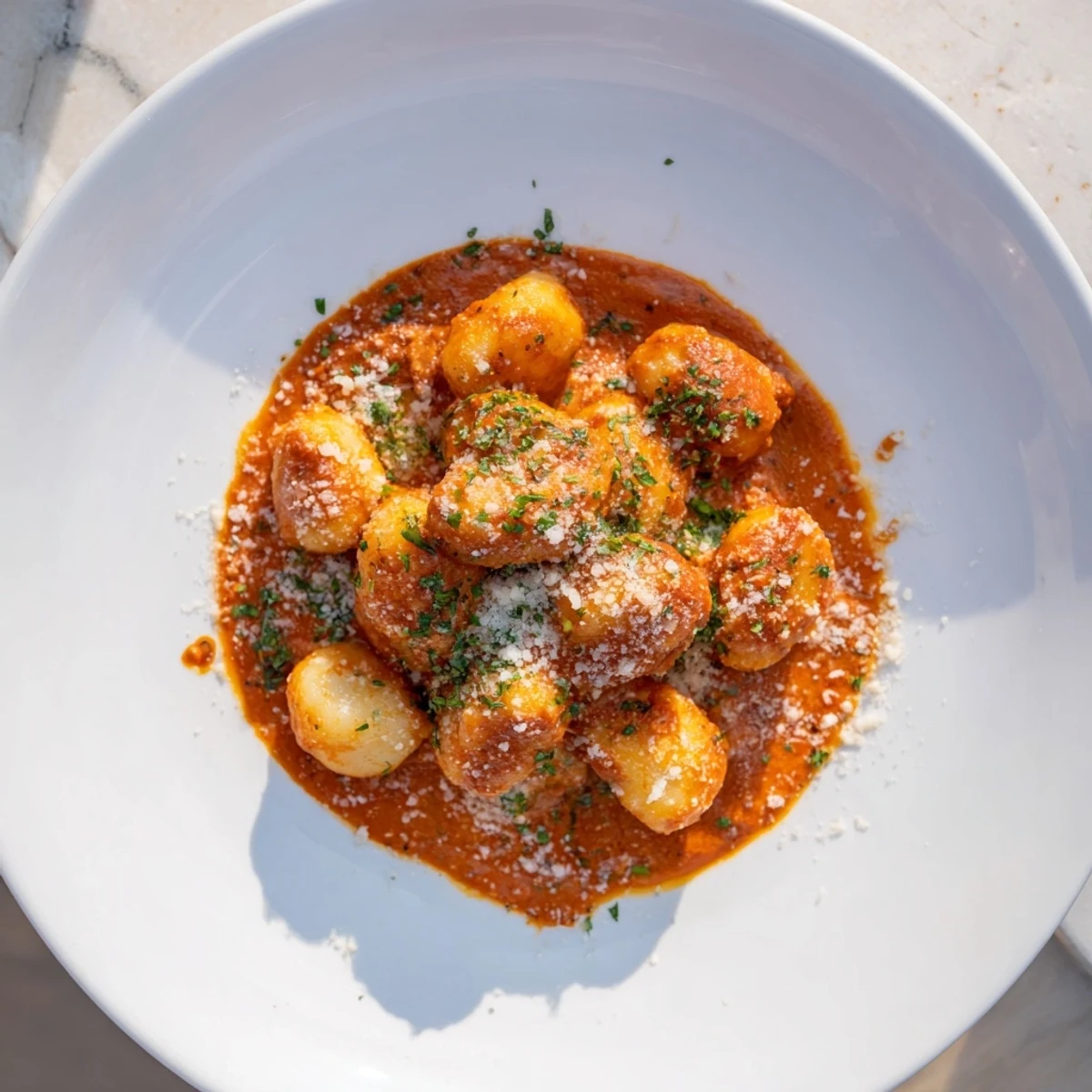 Pillowy potato Gnocchi With Quick Romesco Sauce glistens with vibrant red sauce and fresh parsley garnish.