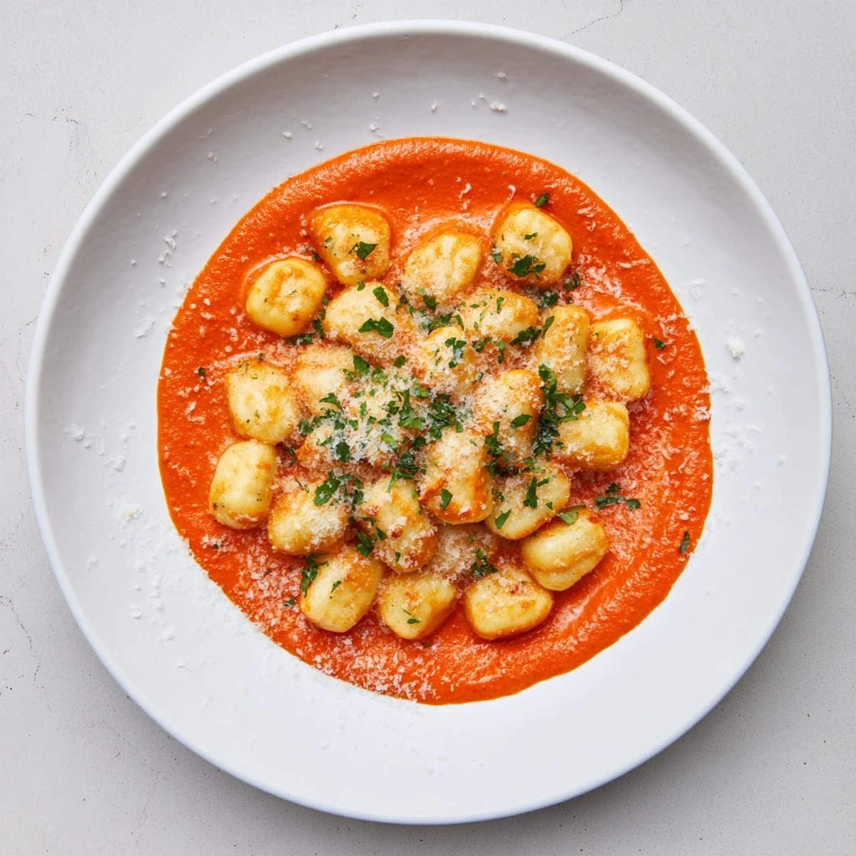 Hearty vegetarian Gnocchi With Quick Romesco Sauce plated with grated Manchego and chopped parsley for Spanish-inspired flair.