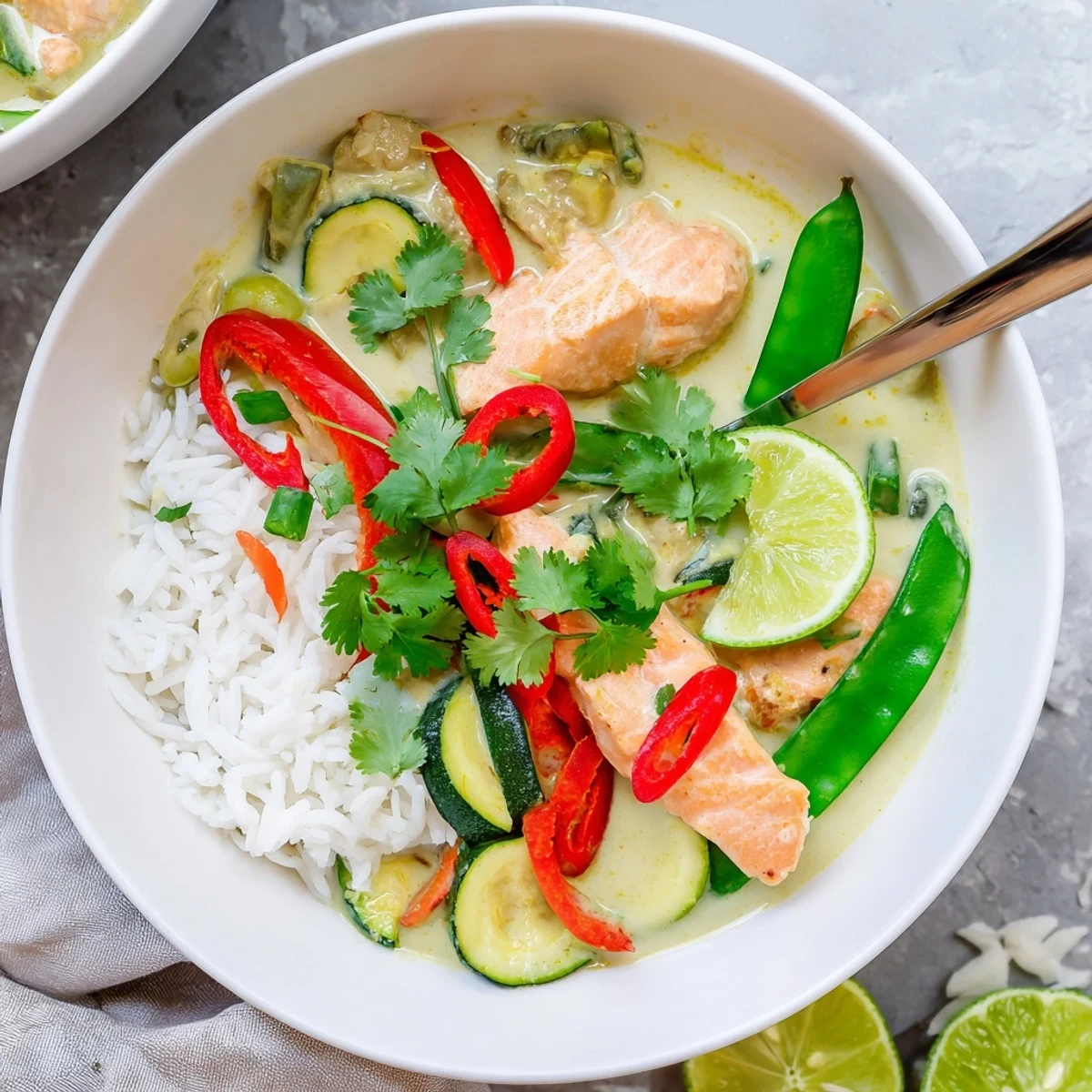 Tender salmon fillets simmer in fragrant green Thai curry salmon with coconut milk and crisp vegetables.