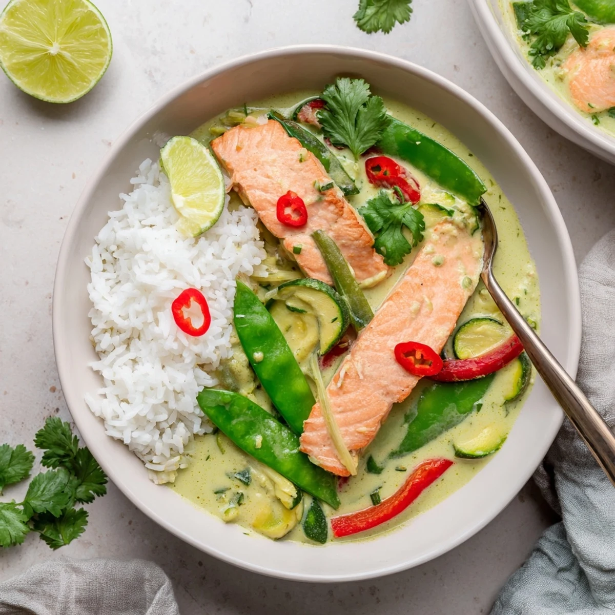 Steam rises from a warm plate of green Thai curry salmon garnished with cilantro and chili.