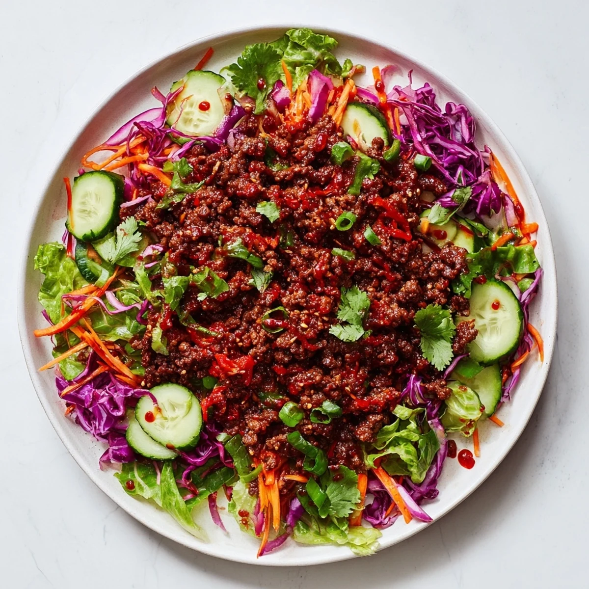 Hearty Satisfy Your Cravings Spicy Keto Korean Ground Beef Salad garnished with toasted sesame seeds and fresh cilantro leaves.