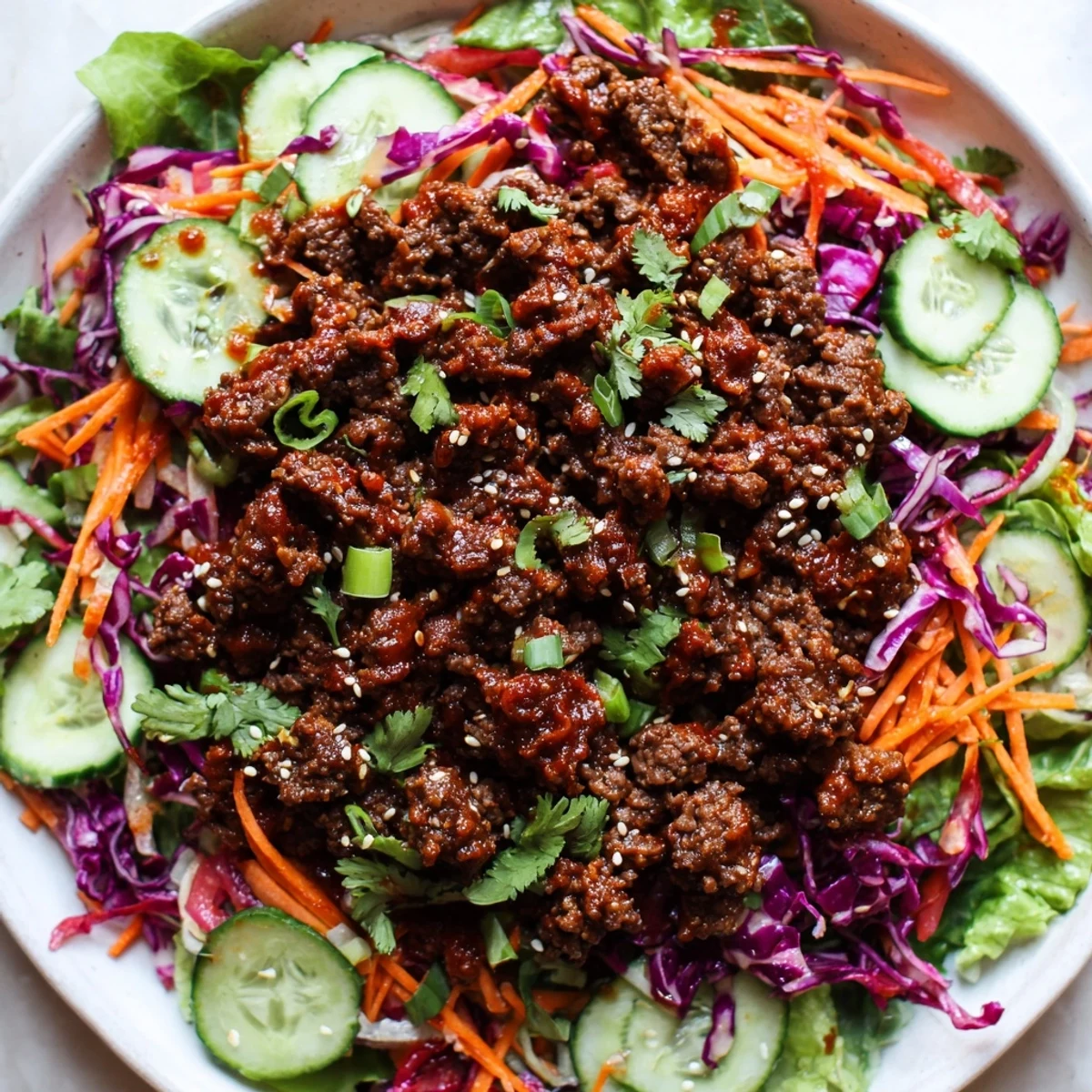 Freshly cooked spicy Korean ground beef piled high on crisp greens, cucumbers, and red cabbage in a vibrant bowl.