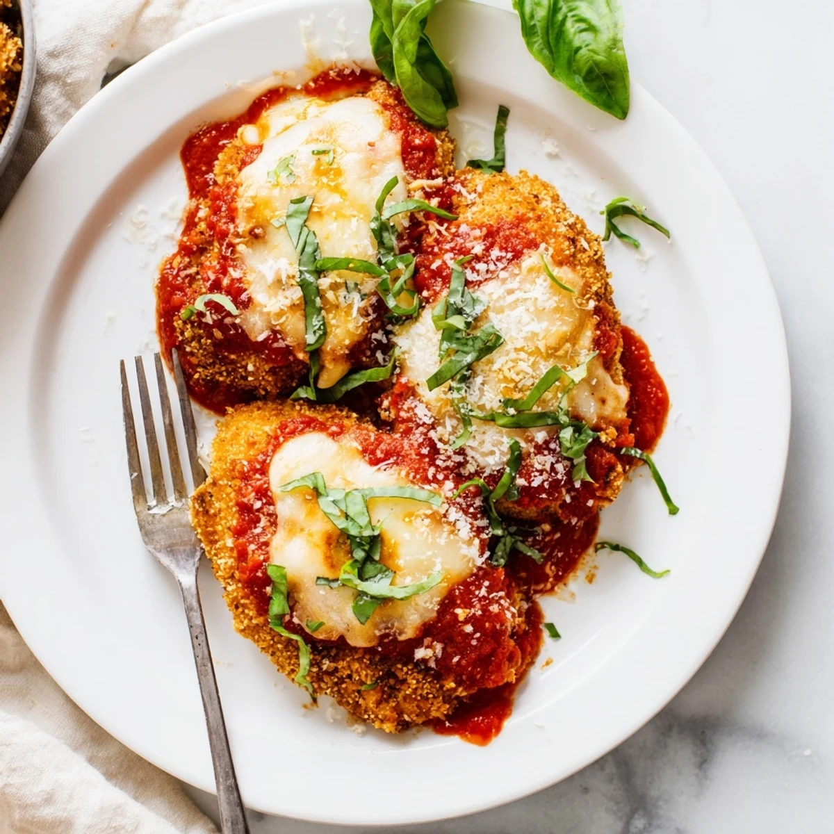 Golden, crispy Keto Chicken Parmesan topped with melted mozzarella and fresh basil on a plate.