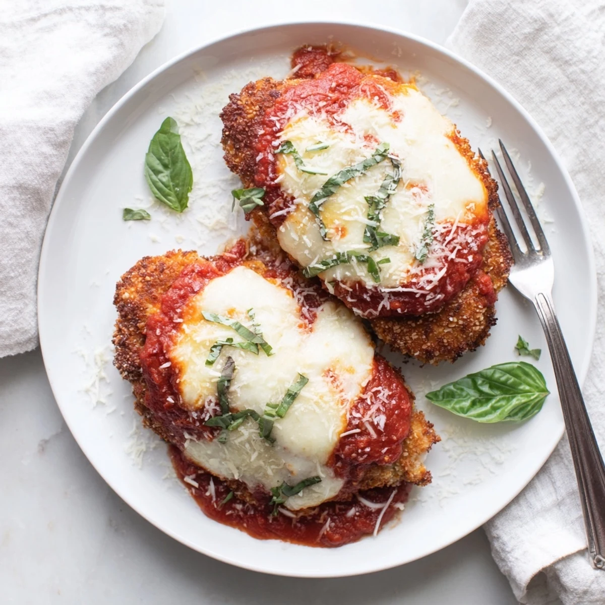 Savory Keto Chicken Parmesan served with sugar-free marinara and a side of zoodles.