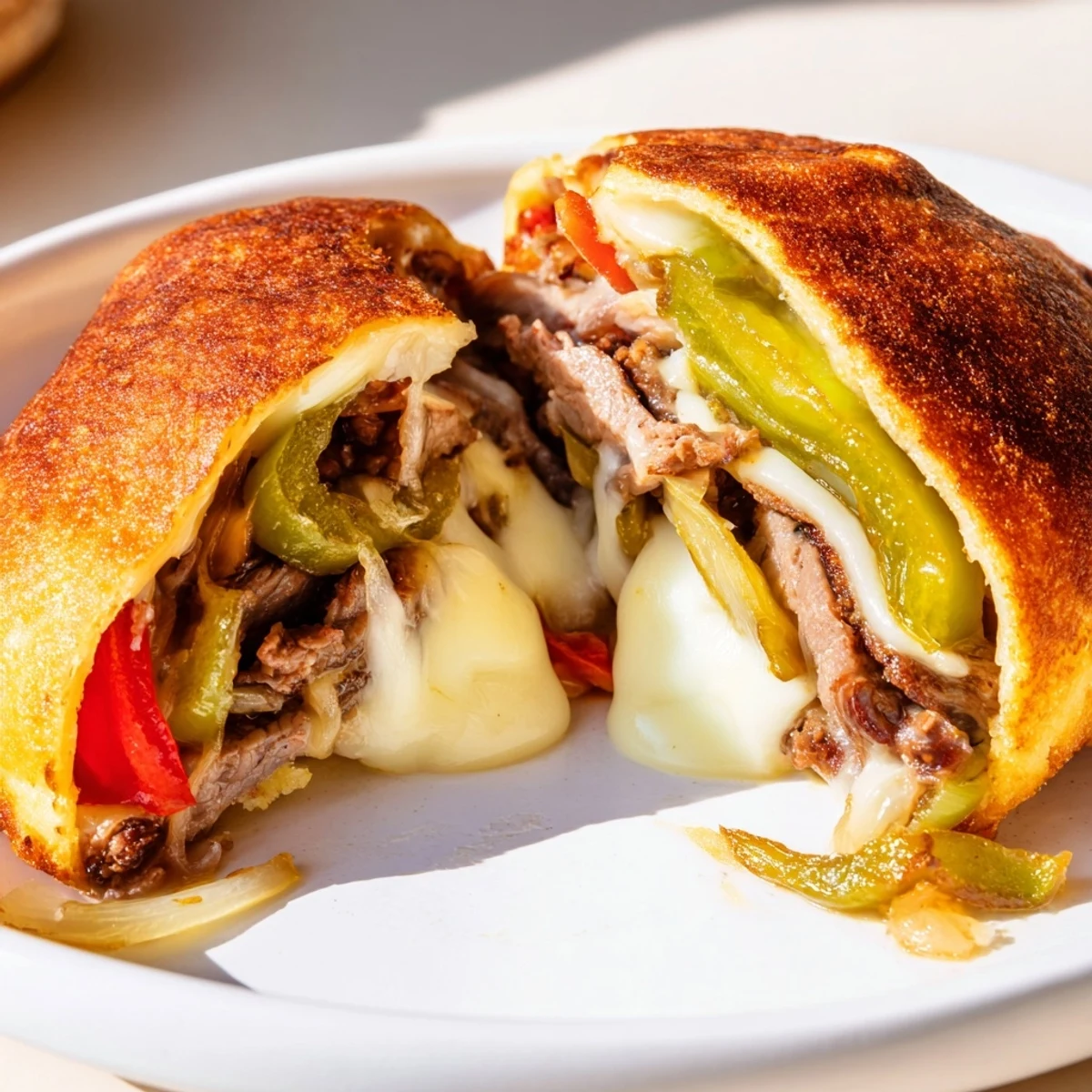 Steam rises from the cheesy, low-carb dough revealing tender steak and sautéed peppers inside.