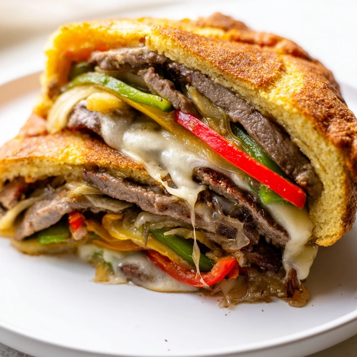 A close-up of Ultimate Keto Philly Cheesesteak Rolls highlights melted provolone and golden crust.