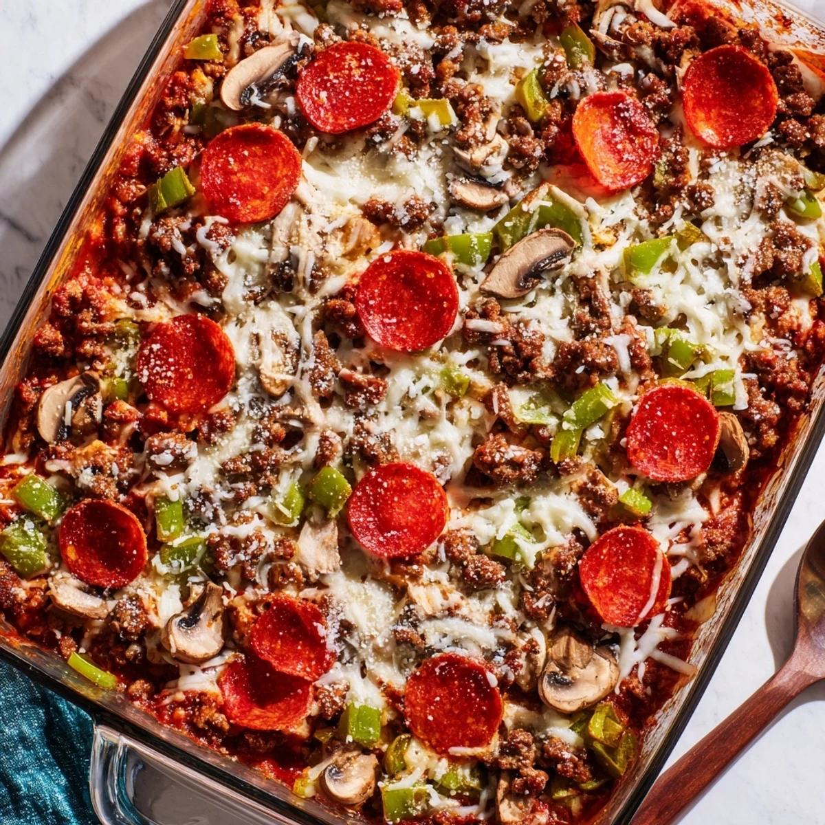 A close-up of Easy Low Carb Keto Crustless Pizza Casserole bubbling with melted mozzarella, topped with pepperoni and fresh herbs on a rustic table.  