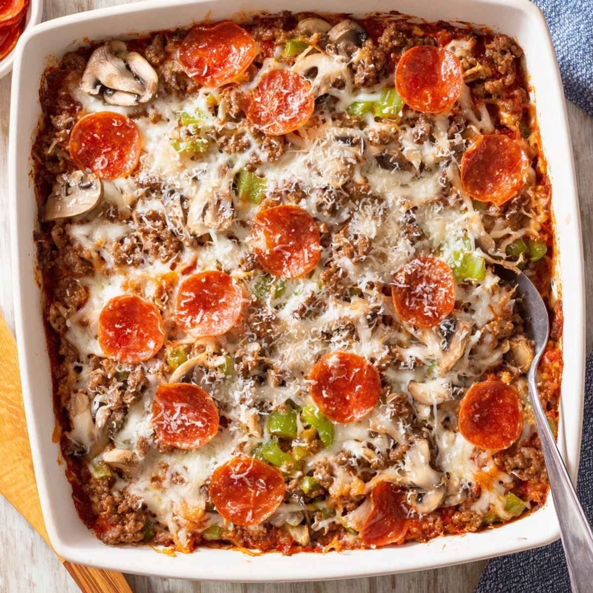 In a white baking dish, Easy Low Carb Keto Crustless Pizza Casserole features savory sausage, peppers, and gooey cheese, perfect for a weeknight dinner.  