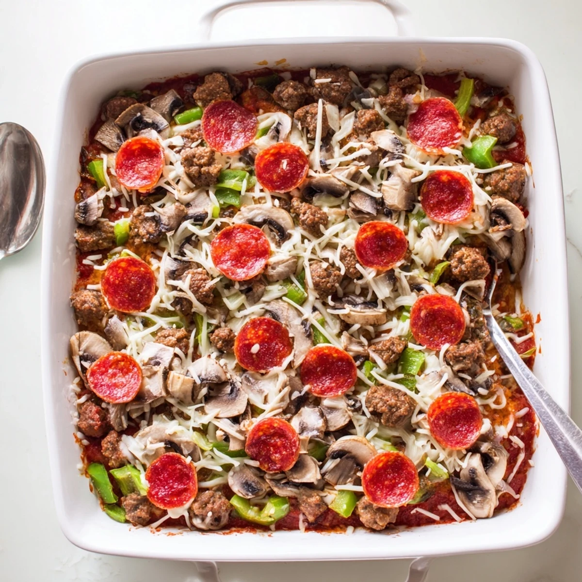 Served on a wooden board, Easy Low Carb Keto Crustless Pizza Casserole with golden, bubbly cheese and pepperoni is paired with a fresh green salad.