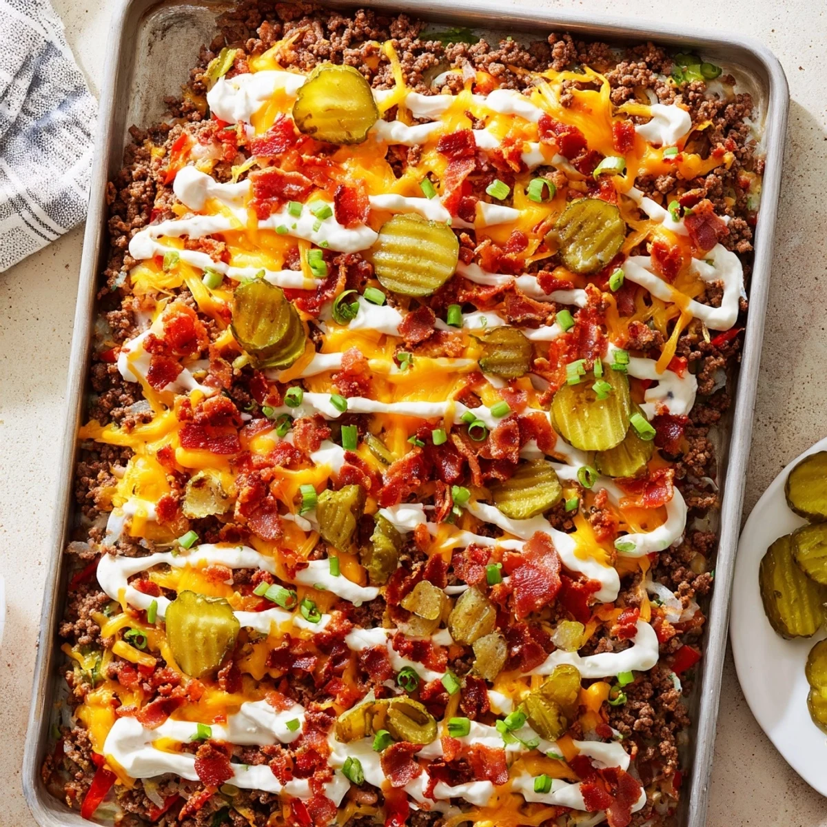 A bubbling Low Carb Bacon Cheeseburger Casserole with melted cheddar and crispy bacon fresh from the oven. 