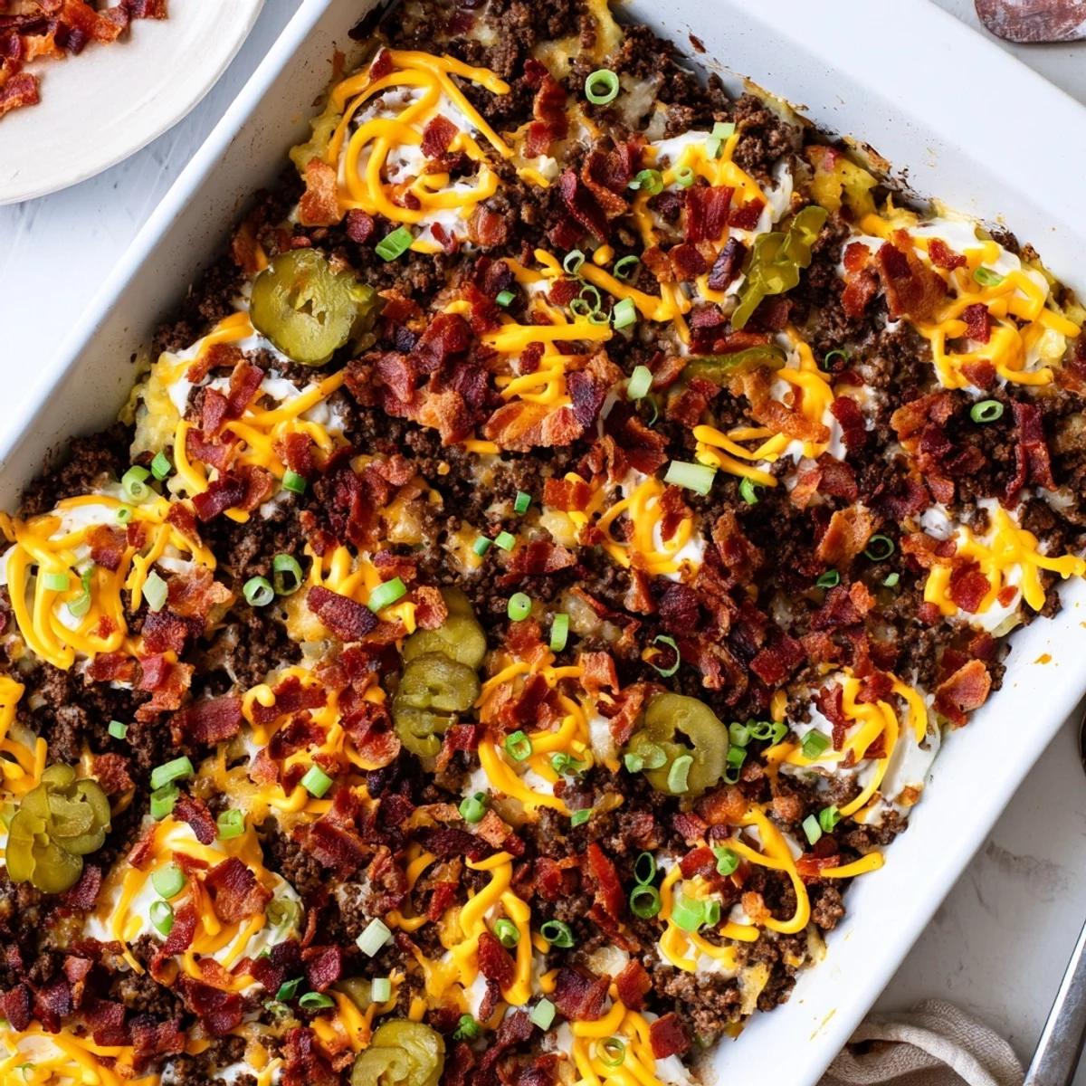 Serving suggestion for Low Carb Bacon Cheeseburger Casserole: garnished with green onions on a rustic kitchen table.