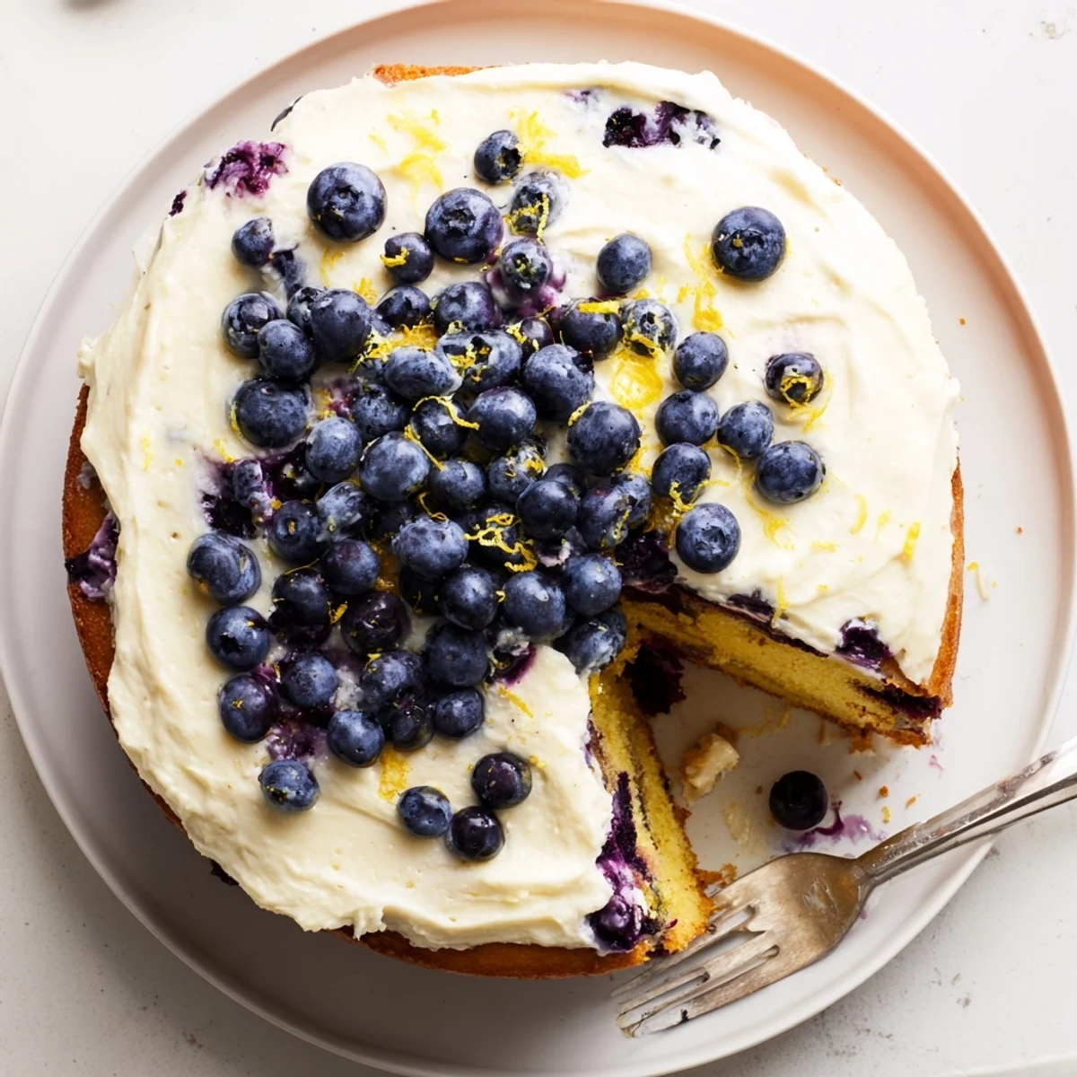 The vibrant Lemon Blueberry Cake with Cream Cheese Frosting is topped with swirls of luscious cream cheese frosting.