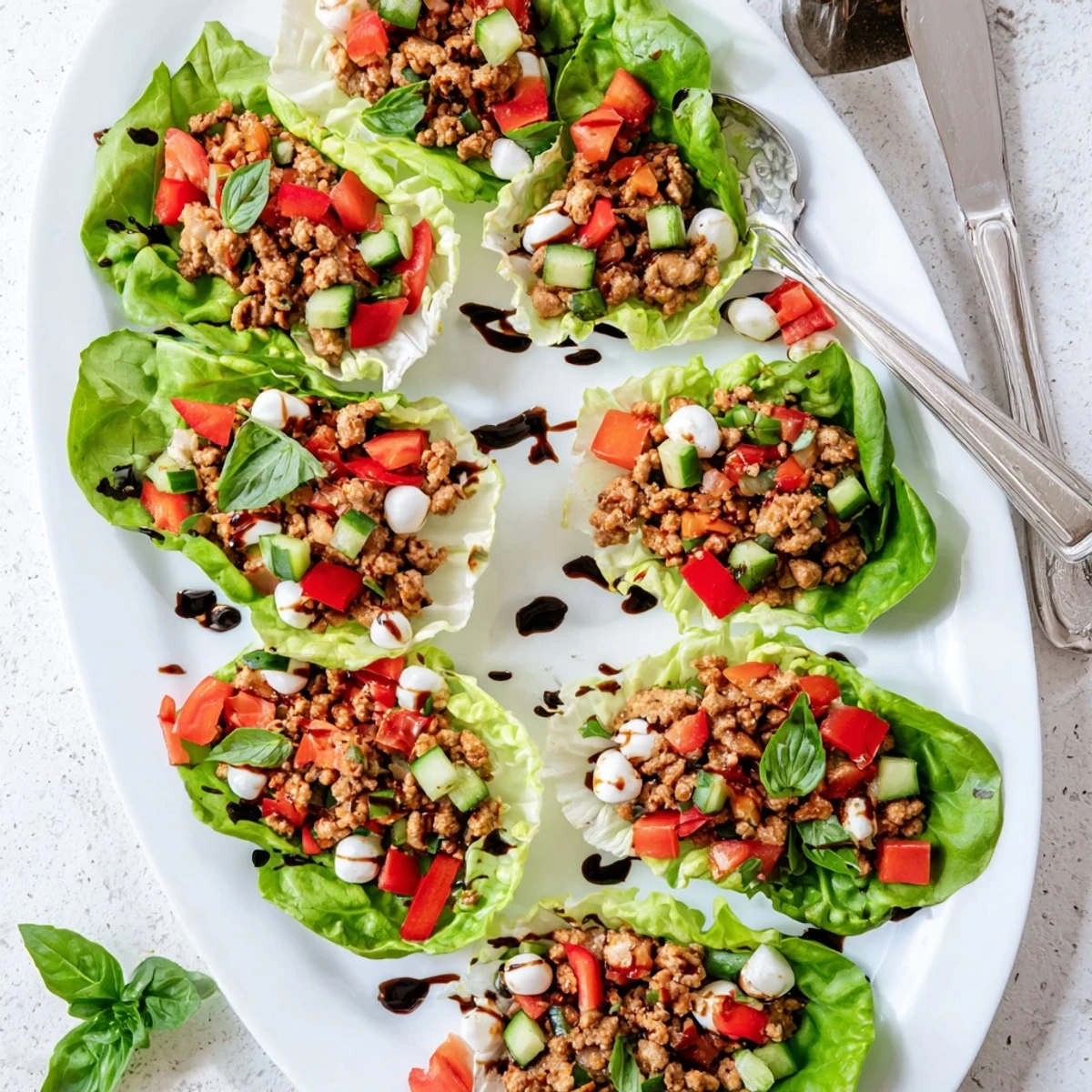 Italian Lettuce Wraps featuring golden turkey, diced tomatoes, cucumber, and balsamic glaze on tender lettuce.