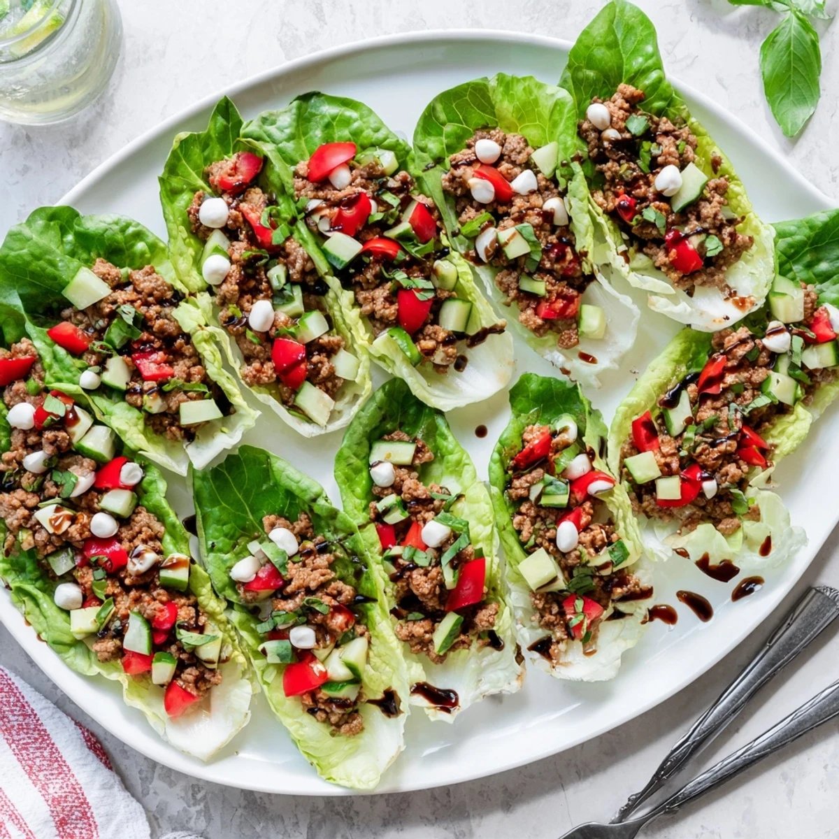 Bright Italian Lettuce Wraps served on a platter with basil, mozzarella, and colorful veggies for a light meal.