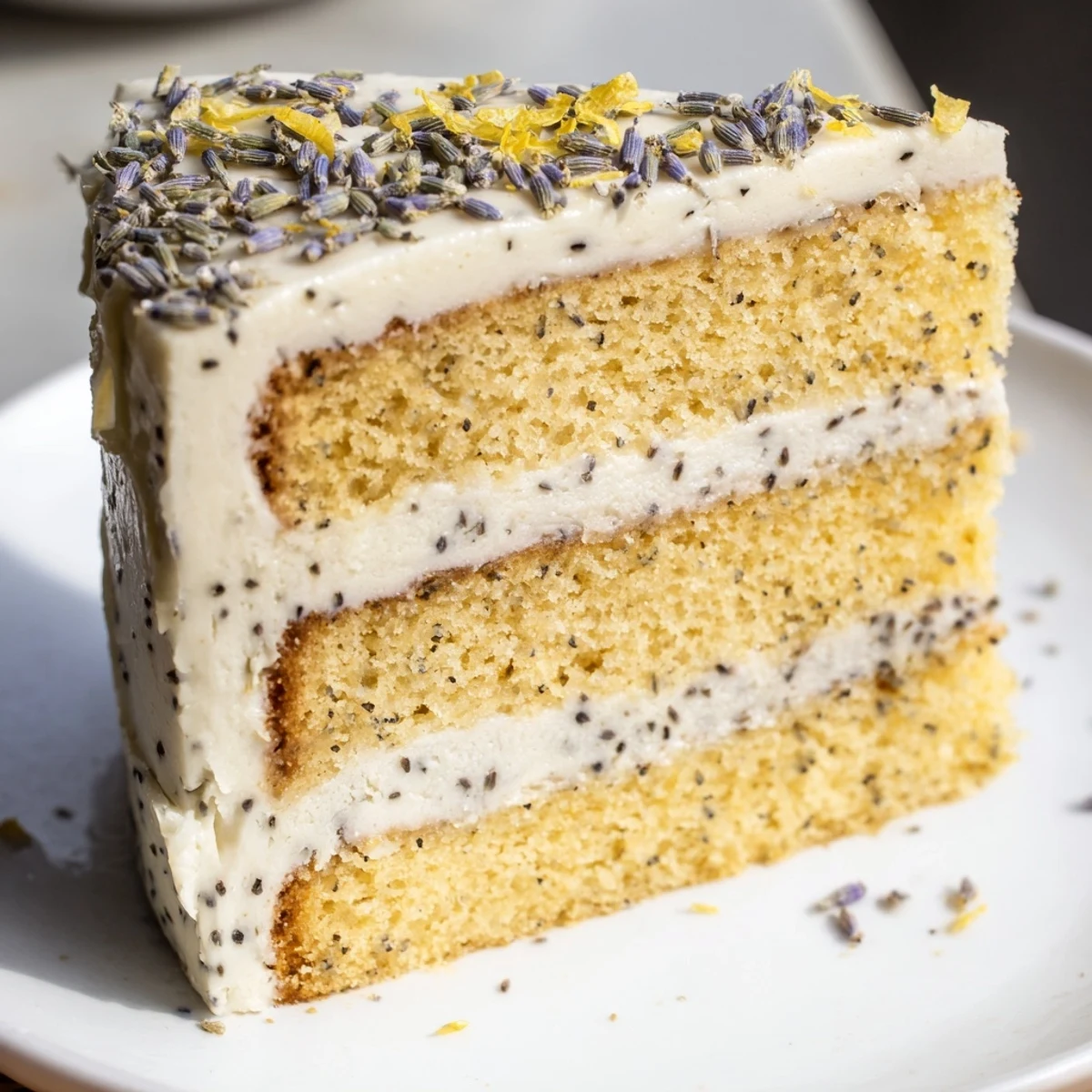 A close-up of the London Fog Cake with Earl Grey & Lavender showing its creamy vanilla frosting and delicate crumb.