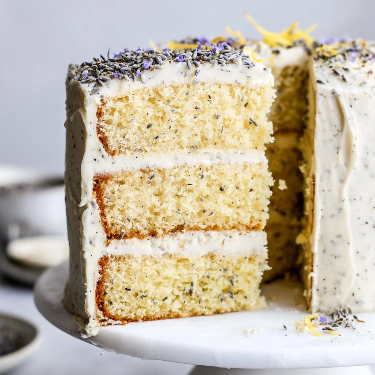 Slices of London Fog Cake with Earl Grey & Lavender are plated, ready to serve with a steaming cup of tea.
