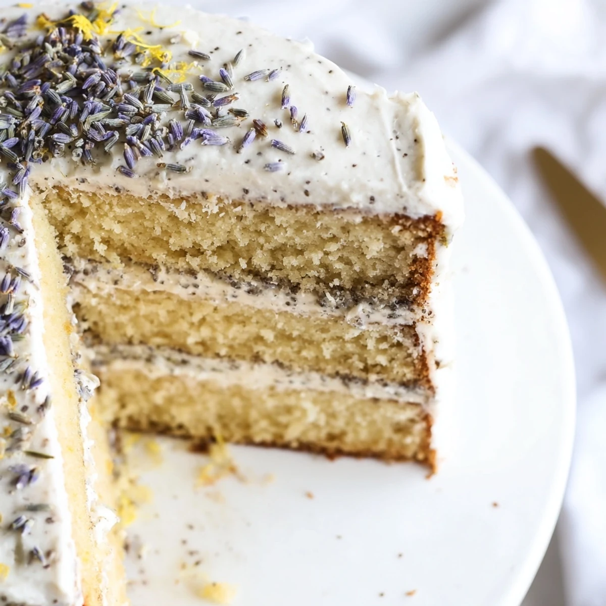 A tall, elegant London Fog Cake with Earl Grey & Lavender is decorated with dried lavender buds and lemon zest.