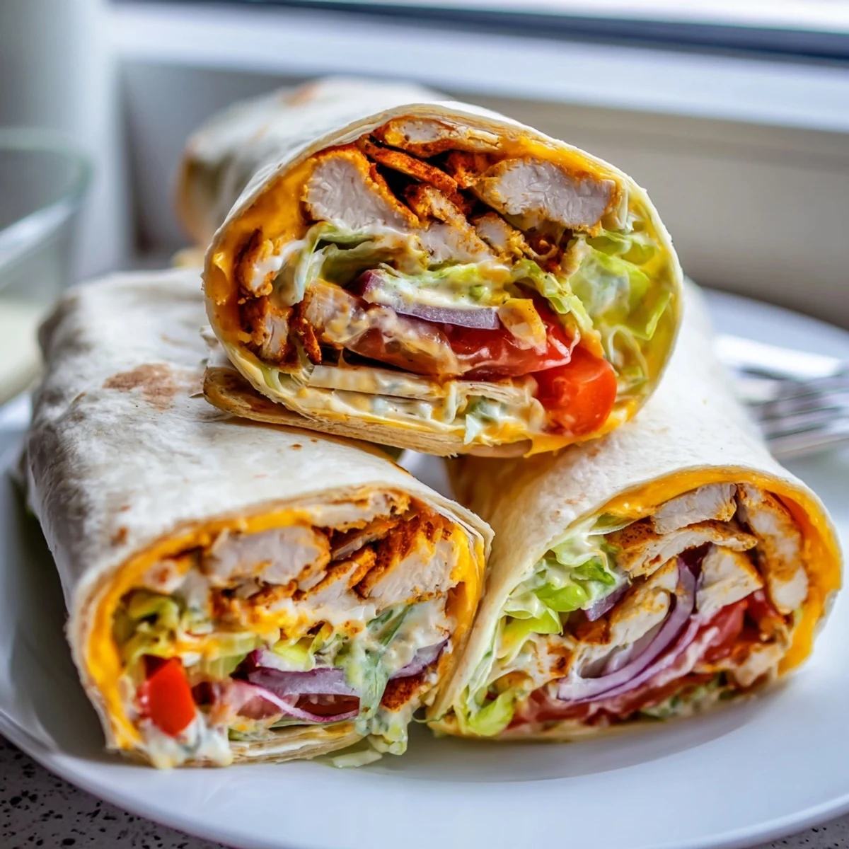 Soft flour tortillas filled with golden sautéed chicken strips, garlic scent, and creamy sauce ready for lunch or dinner.