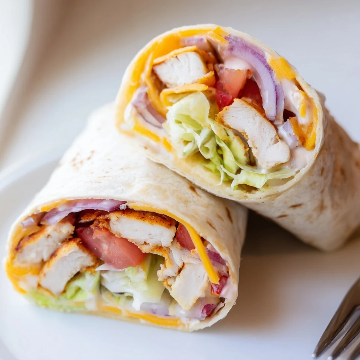 Grilled Cheesy Garlic Chicken Wraps sliced in half, revealing melted mozzarella and cheddar oozing onto fresh lettuce and tomato.