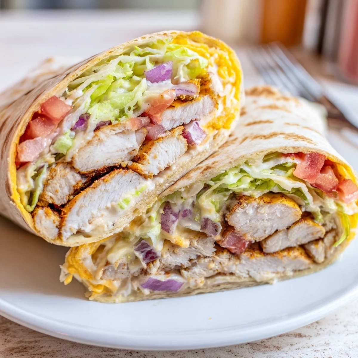 Warm Cheesy Garlic Chicken Wraps with red onion garnish, served on a plate for a satisfying American main dish.