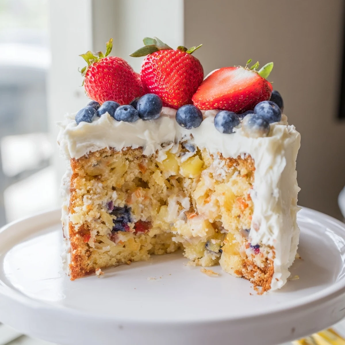 Moist layers of Pineapple Coconut God Bless America Cake with cream cheese frosting and fresh berries on top.