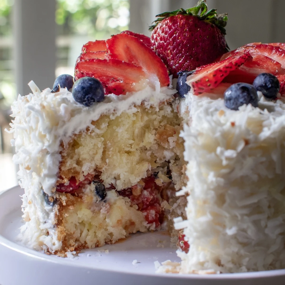 A festive slice of Pineapple Coconut God Bless America Cake shows a vibrant swirl of strawberries and blueberries.