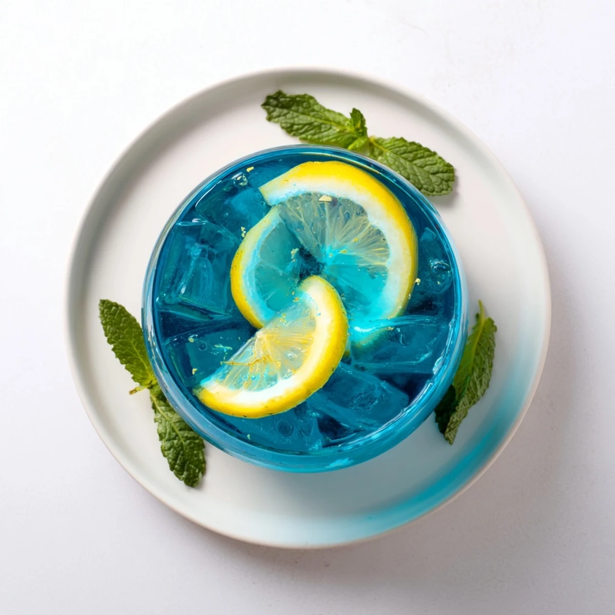 A glass of vibrant Blue Spirulina Lemonade garnished with fresh mint and lemon slices on a sunny table.