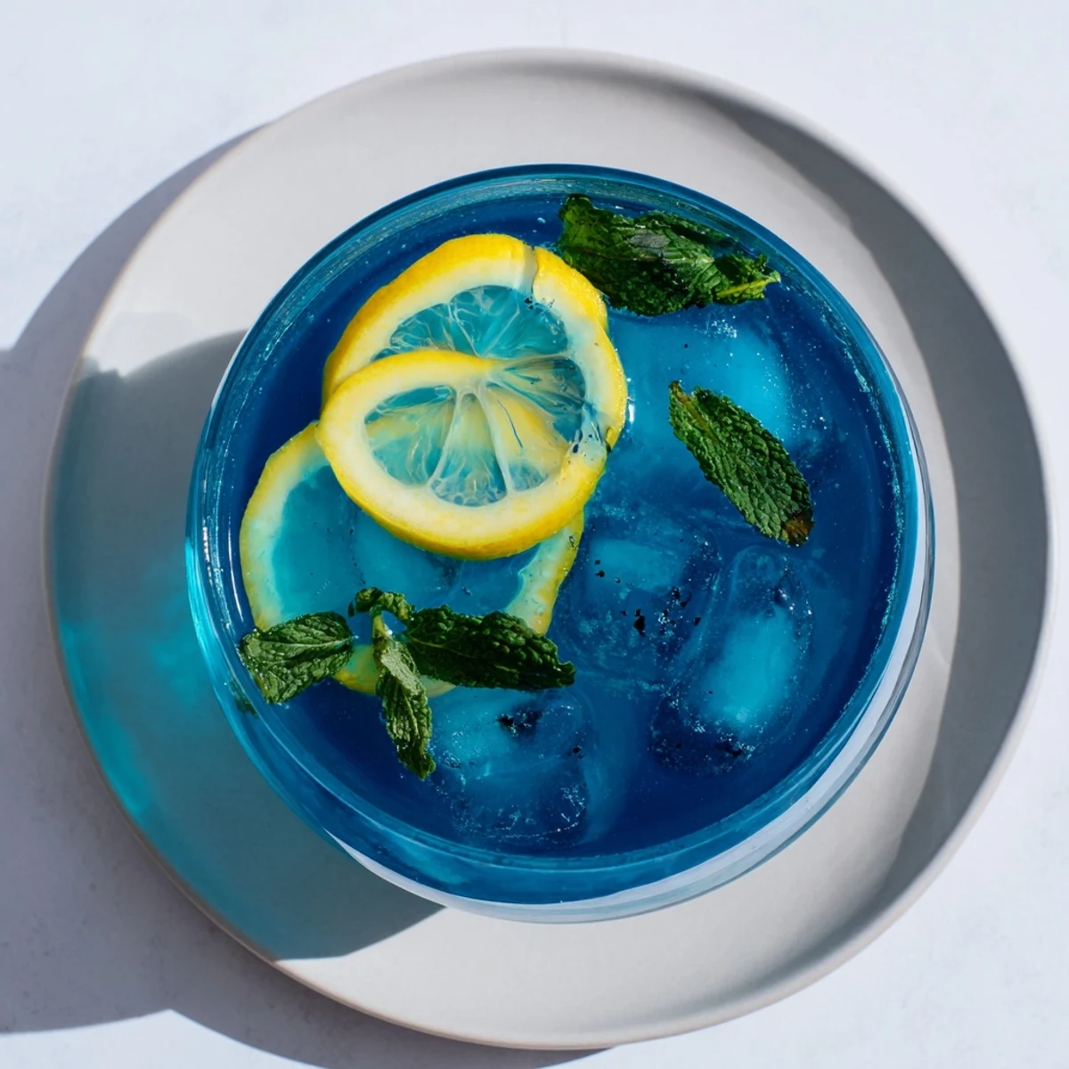 Chilled Blue Spirulina Lemonade in a clear pitcher with lemon rounds and mint leaves, ready to serve.